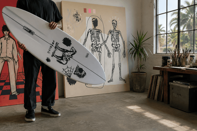 Person holds a white surfboard with black skull and spiderweb graphics in an art studio.