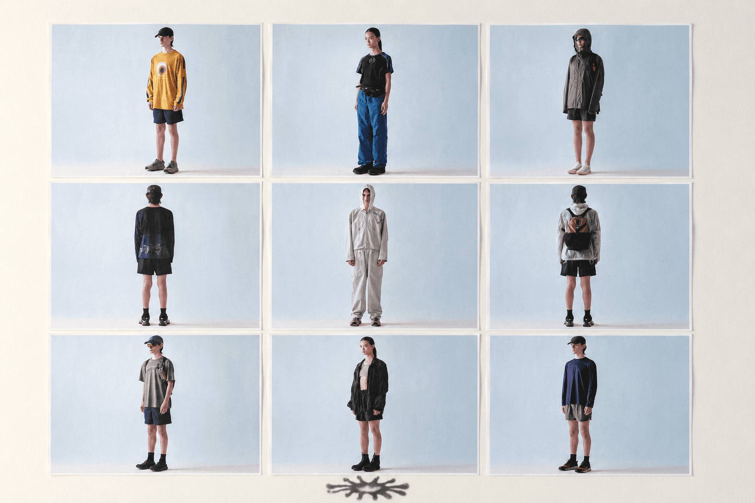 Nine photos arranged in a grid, each showing a person modeling a different casual outfit against a light blue background.