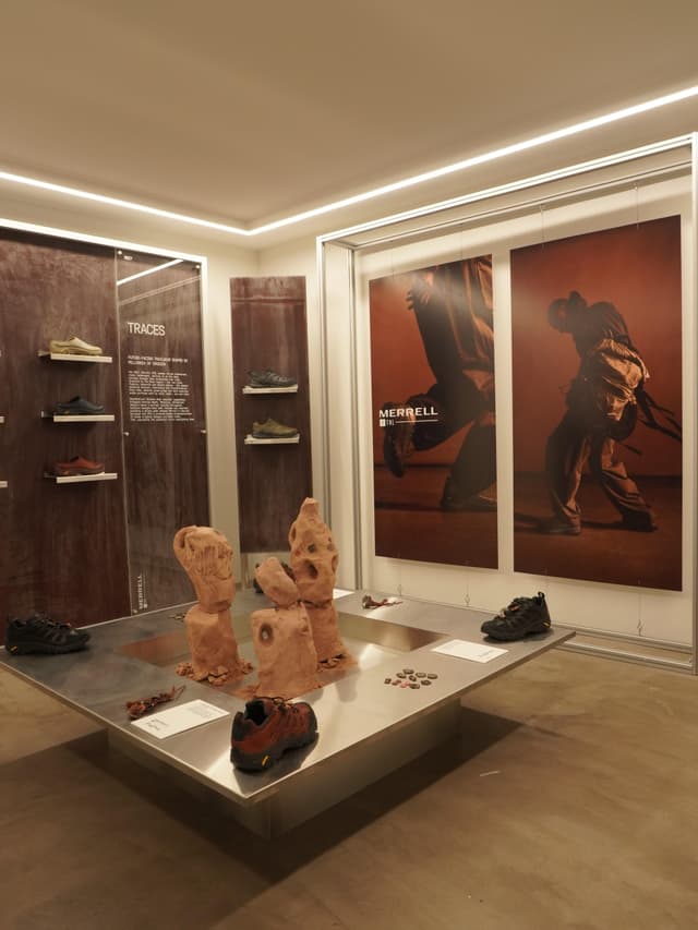 Merrell shoe exhibition featuring footwear on shelves, abstract sculptures on a central table, and large brand posters.