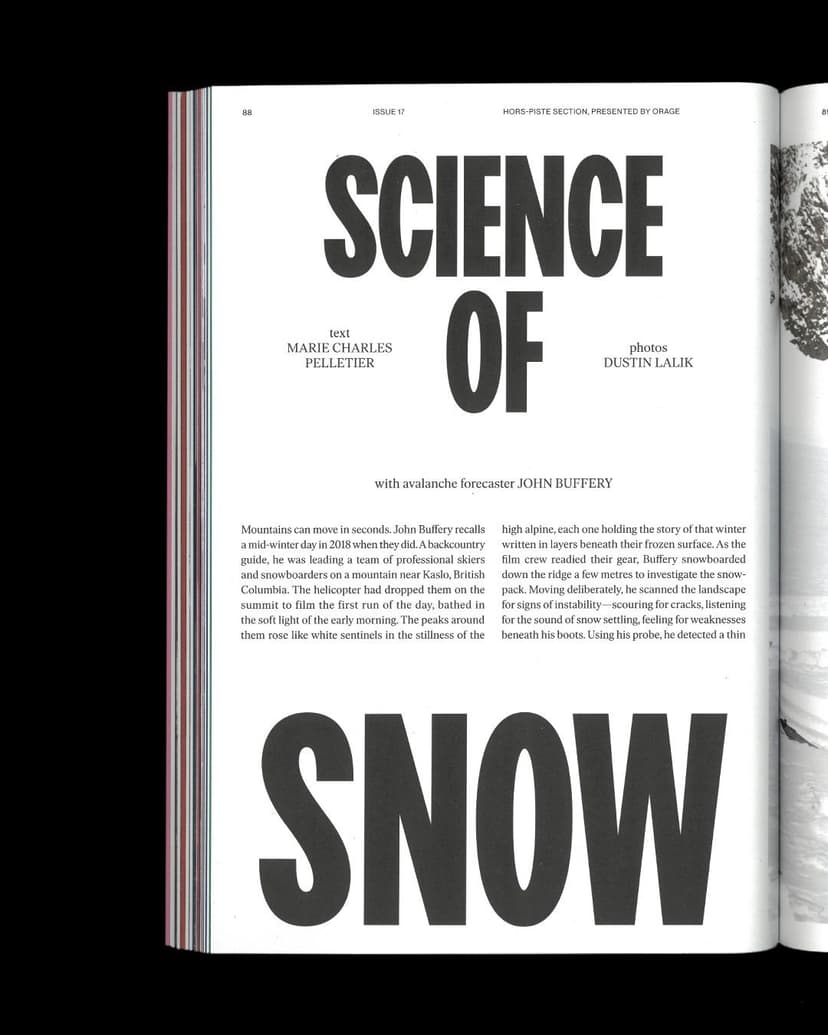 Magazine page with the large title "SCIENCE OF SNOW," accompanying text, and a partial snowy mountain image.