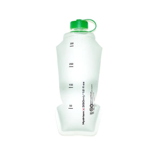 A frosted HydriamX 350ml soft water bottle with a green cap.