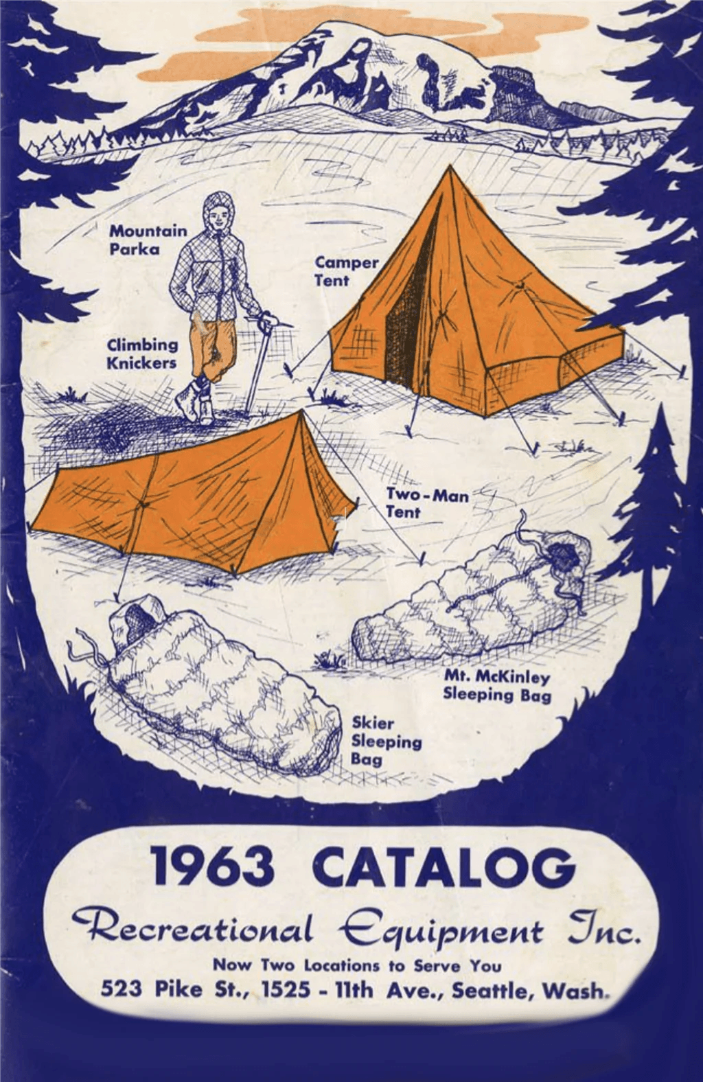 1963 catalog cover for Recreational Equipment Inc., featuring illustrations of camping and climbing gear in a mountain setting.