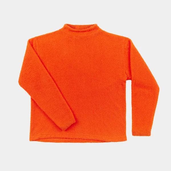 Pa'lante Alpha Mock Neck. Fuzzy orange mock neck long-sleeve top.