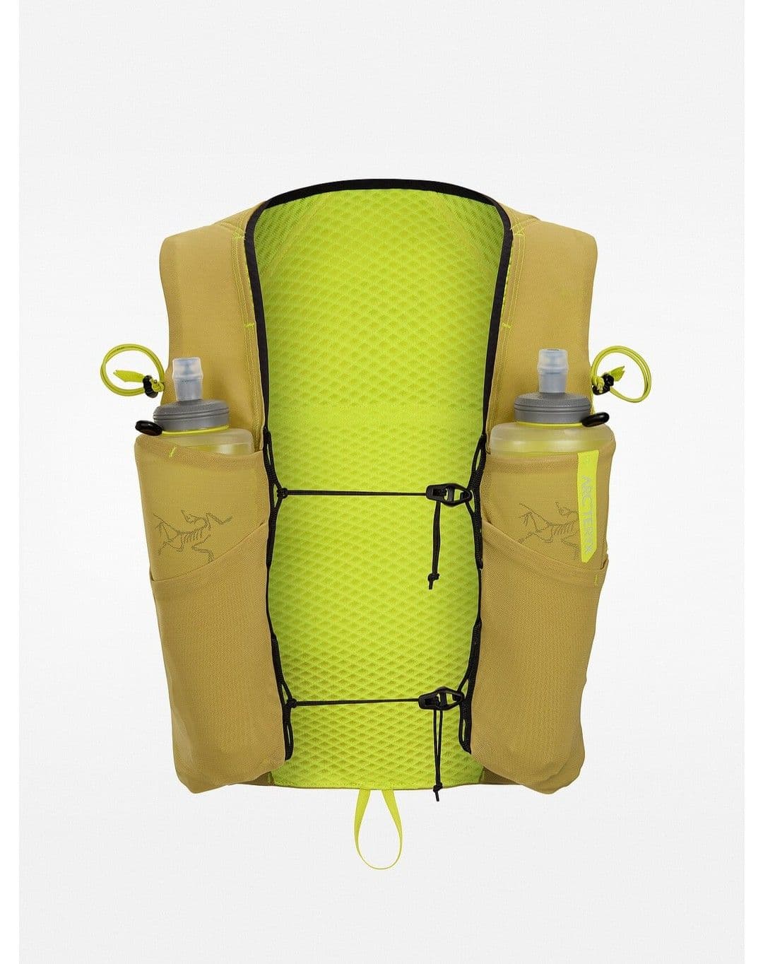 Tan Arc'teryx running vest with bright green mesh interior and two water bottles.