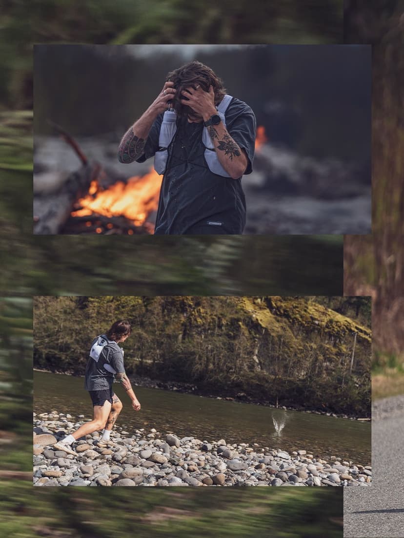 Collage of a man in a hydration vest looking distressed near a bonfire, and later skipping a stone into a river.