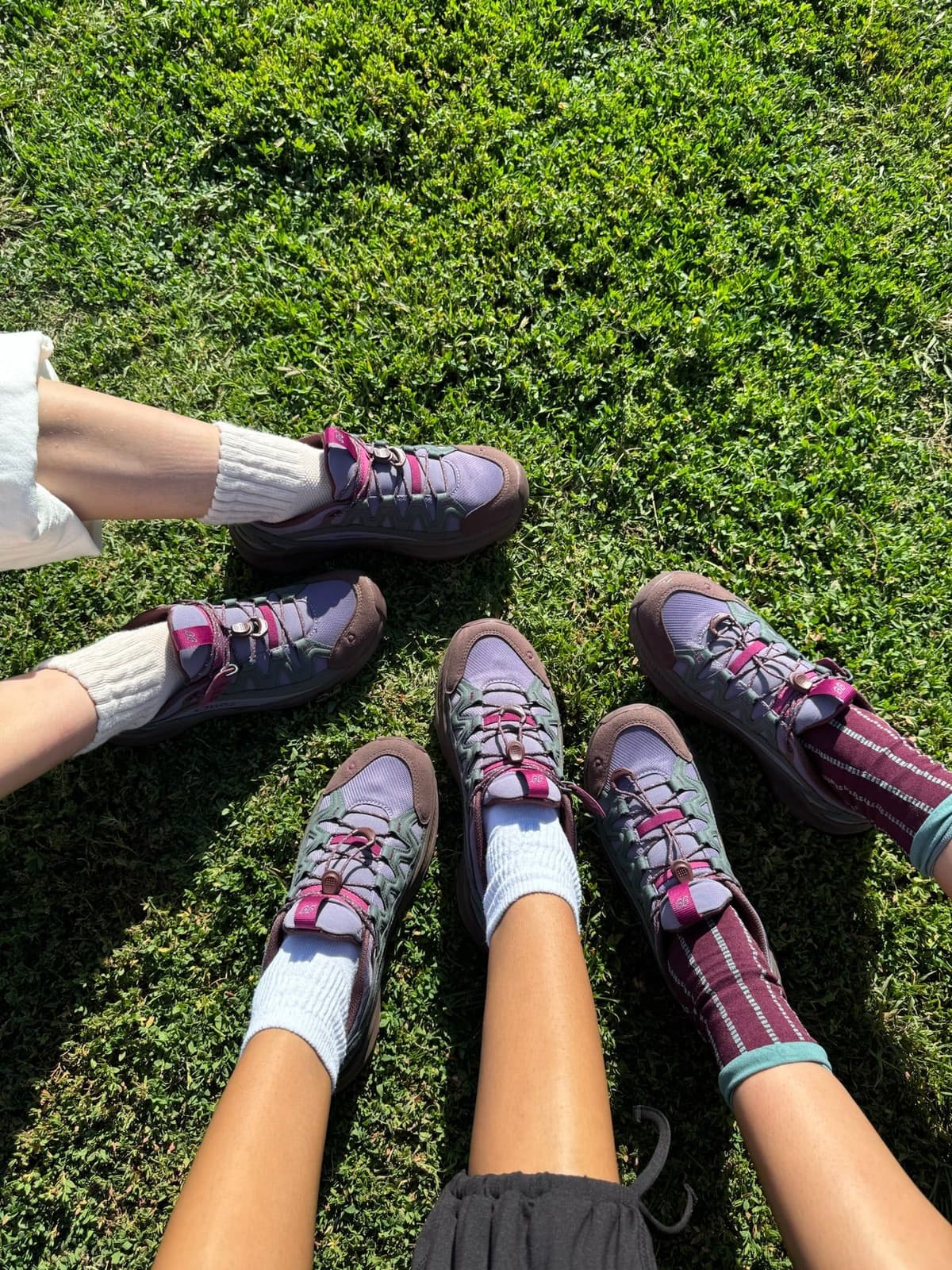 Four pairs of feet in purple and brown sneakers with different colored socks on green grass.