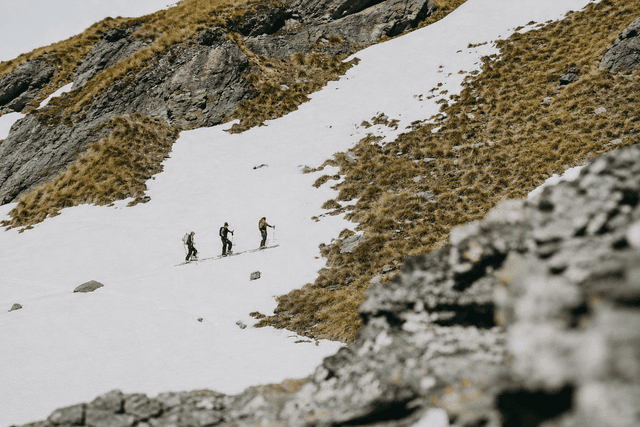 Three people ski touring up a snow-covered mountain slope with patches of dry grass.
