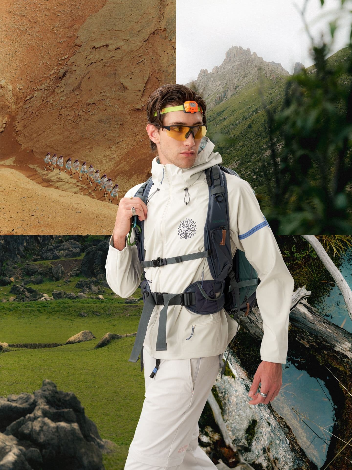 A man in a light-colored outdoor jacket, backpack, sunglasses, and headlamp poses against a collage of desert, mountains, green hills, and water.