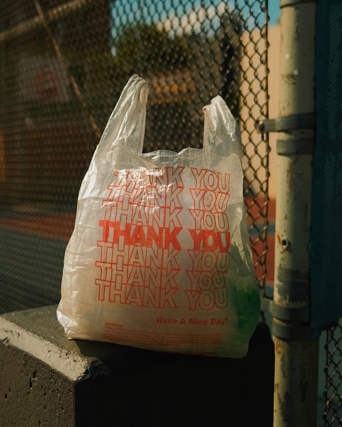 A white plastic bag with red "THANK YOU" and "Have A Nice Day!" text sits on a concrete block in front of a chain-link fence.