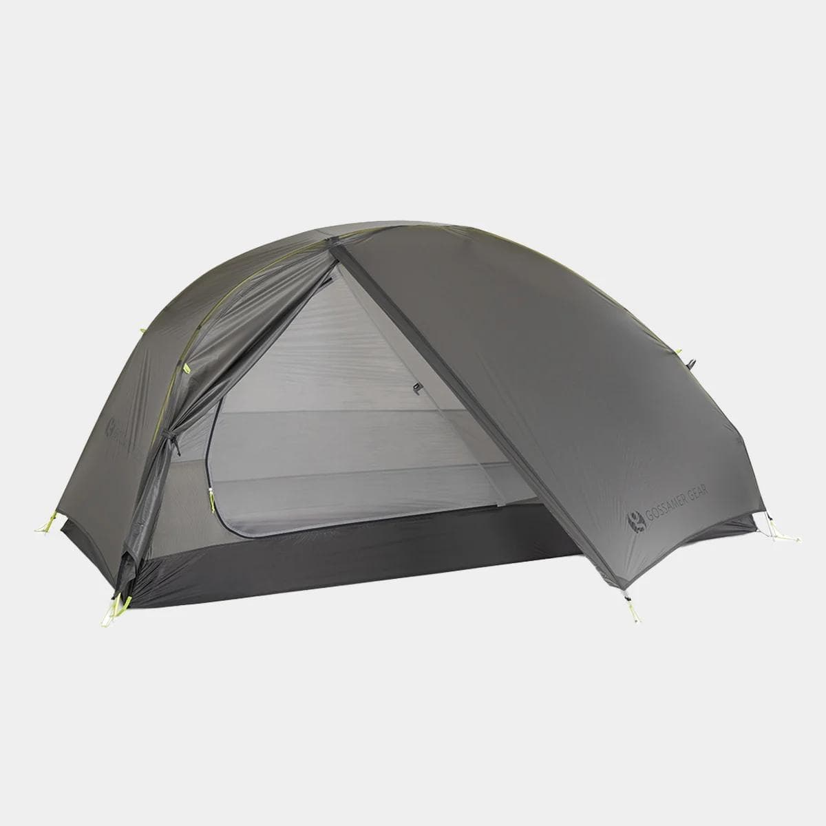 Grey Gossamer Gear tent with one mesh door open.