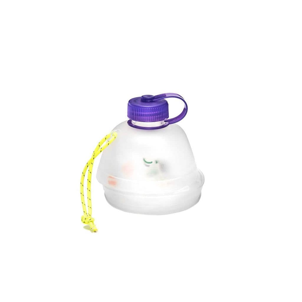 Translucent collapsible water bottle with a purple cap and yellow lanyard.
