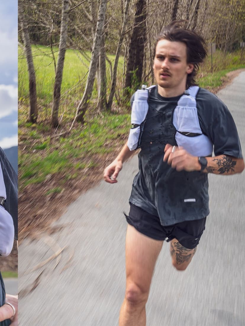 Man running in a hydration vest on a blurred outdoor path.