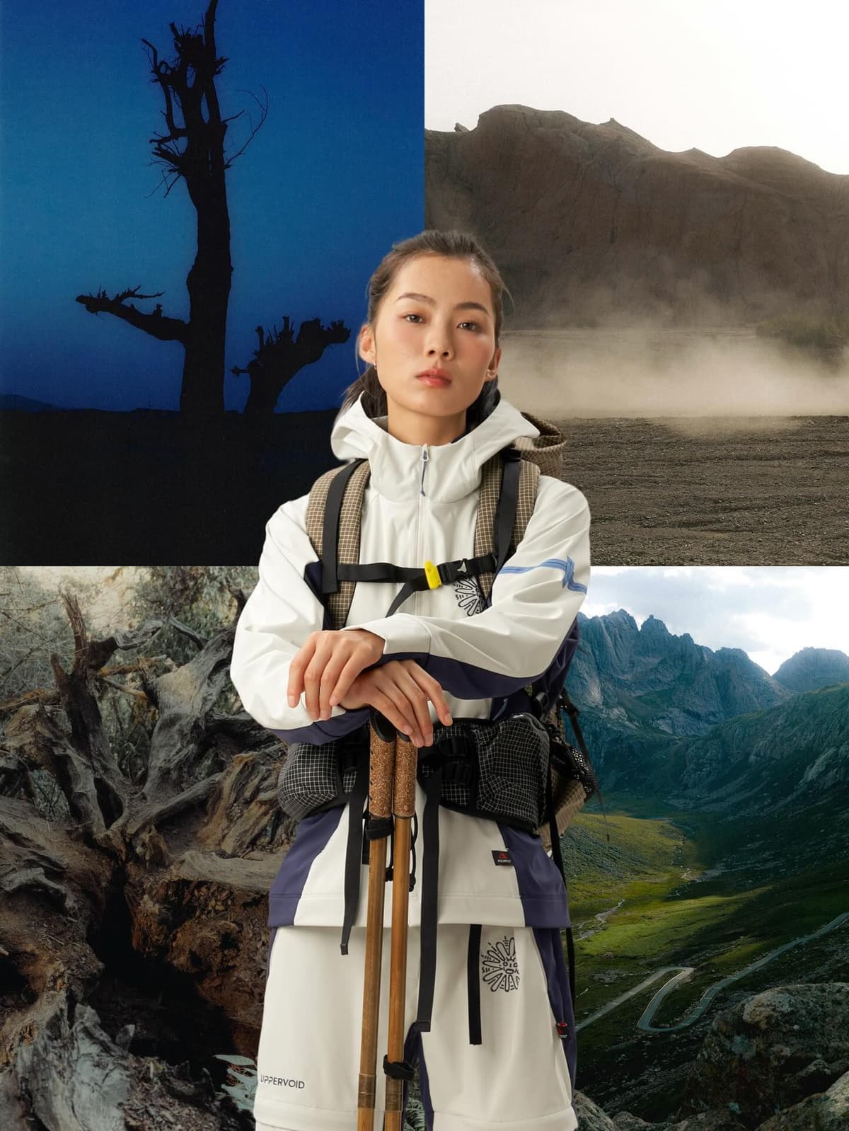 A woman in white and blue hiking gear holds trekking poles, set against a collage of diverse outdoor landscapes.