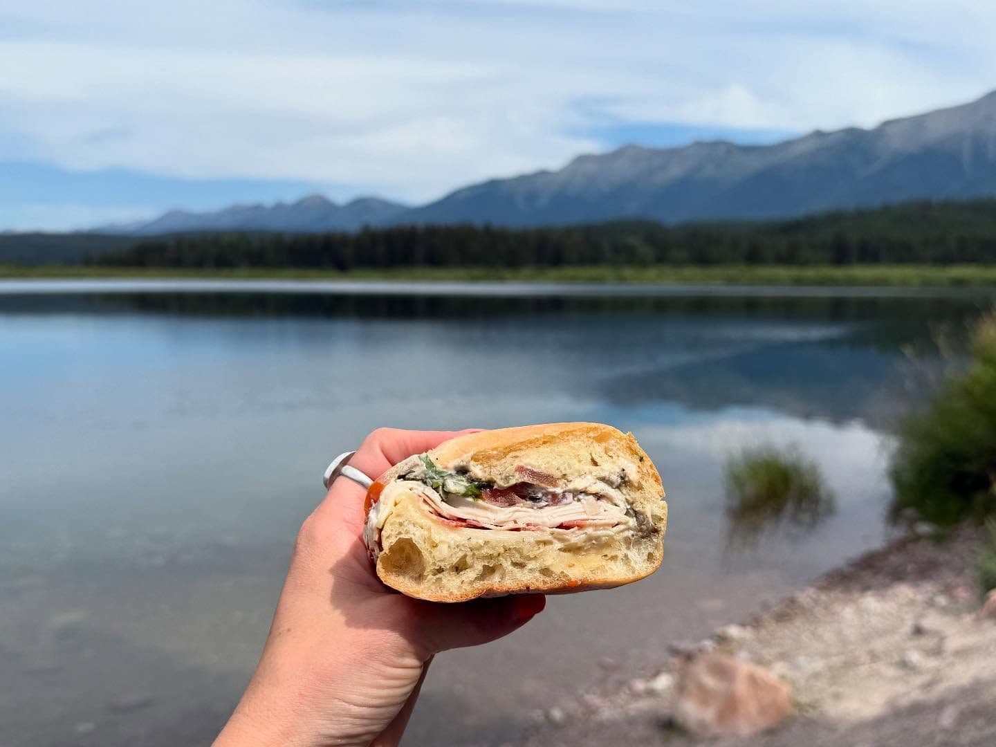A hand holds a cut sandwich, revealing its layers, against a lake, forest, and mountain landscape.