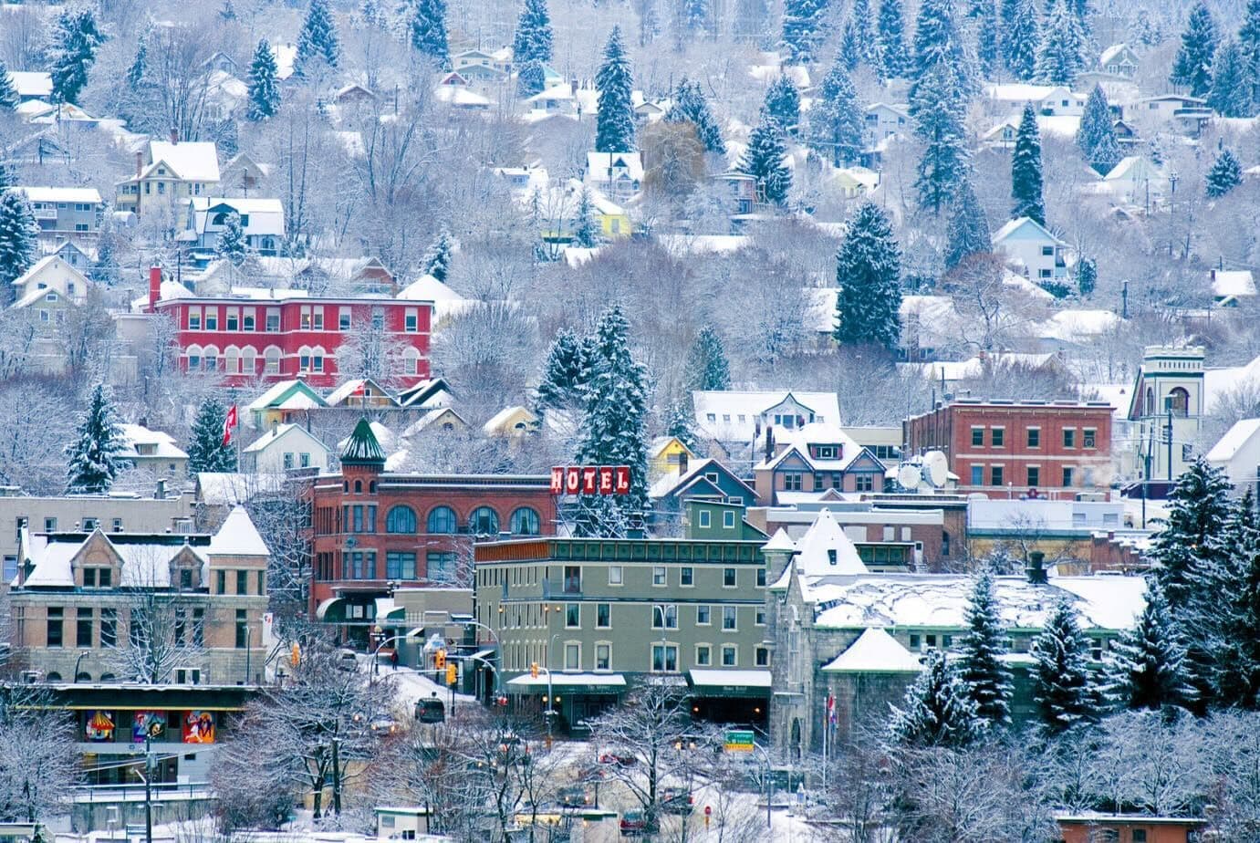 A dense town with numerous buildings and trees completely covered in snow on a steep hillside.