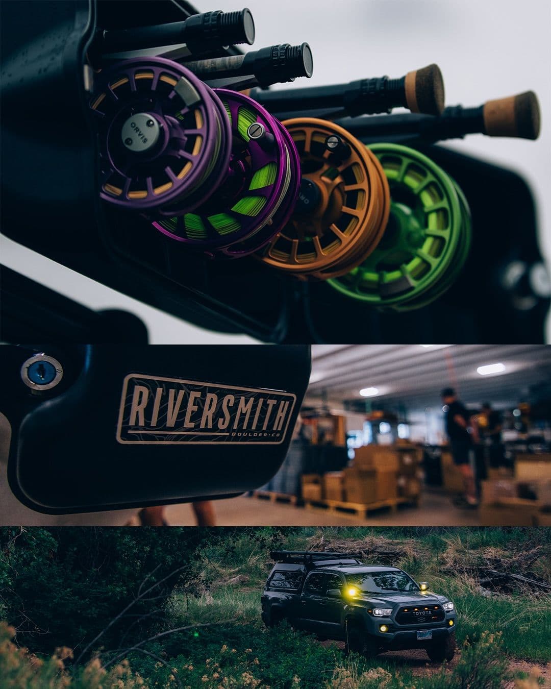 Colorful fly fishing reels, a Riversmith logo, and an off-road truck on a dirt trail.