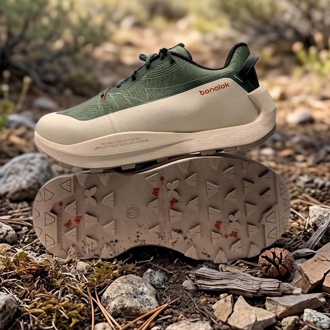 Two Bonolok trail shoes, olive green and tan, on a rocky path; one is upright, the other inverted to display its textured sole.