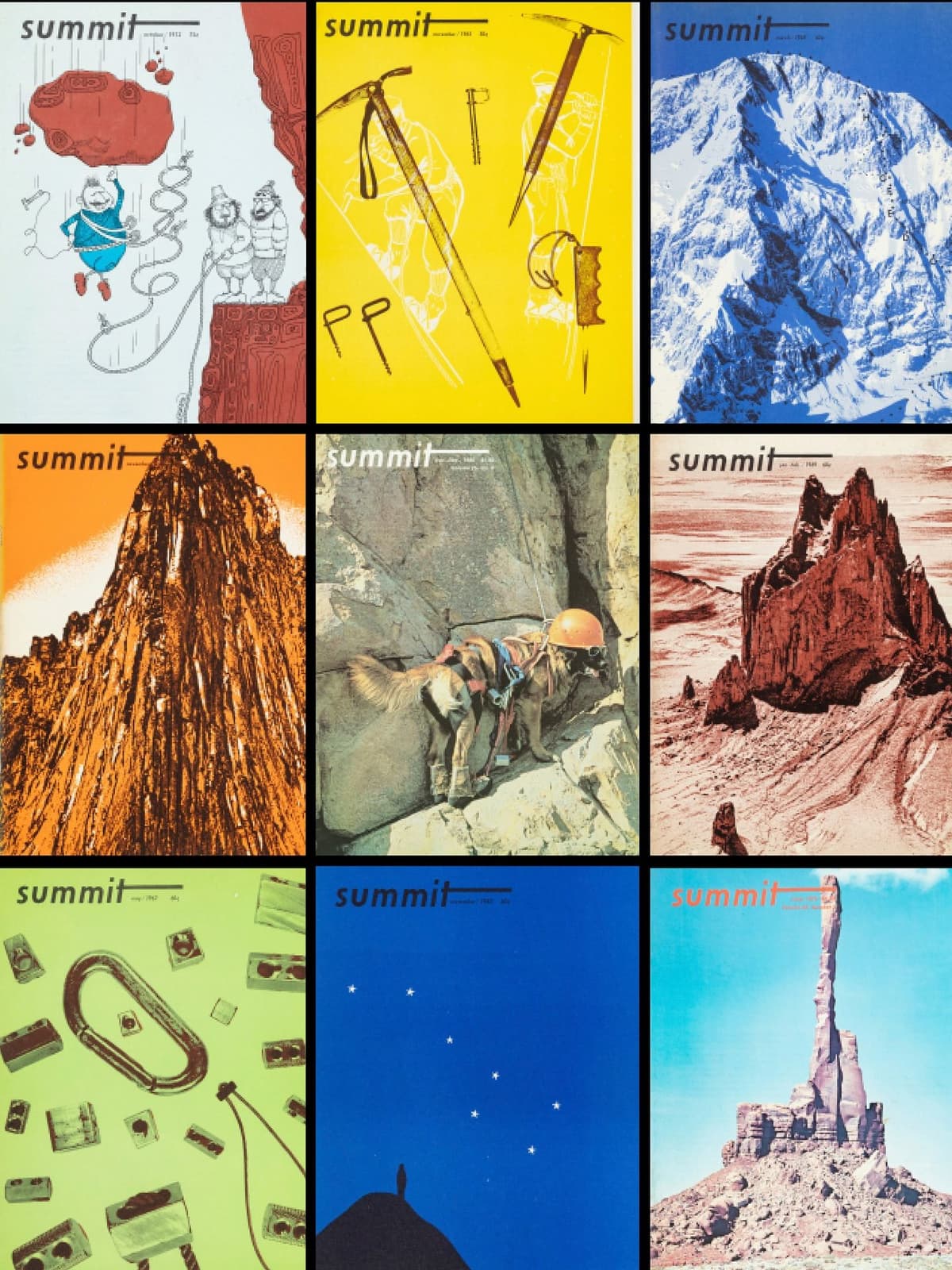 Nine vintage Summit Journal magazine covers in a grid, showcasing various climbing scenes, gear, and mountain landscapes.