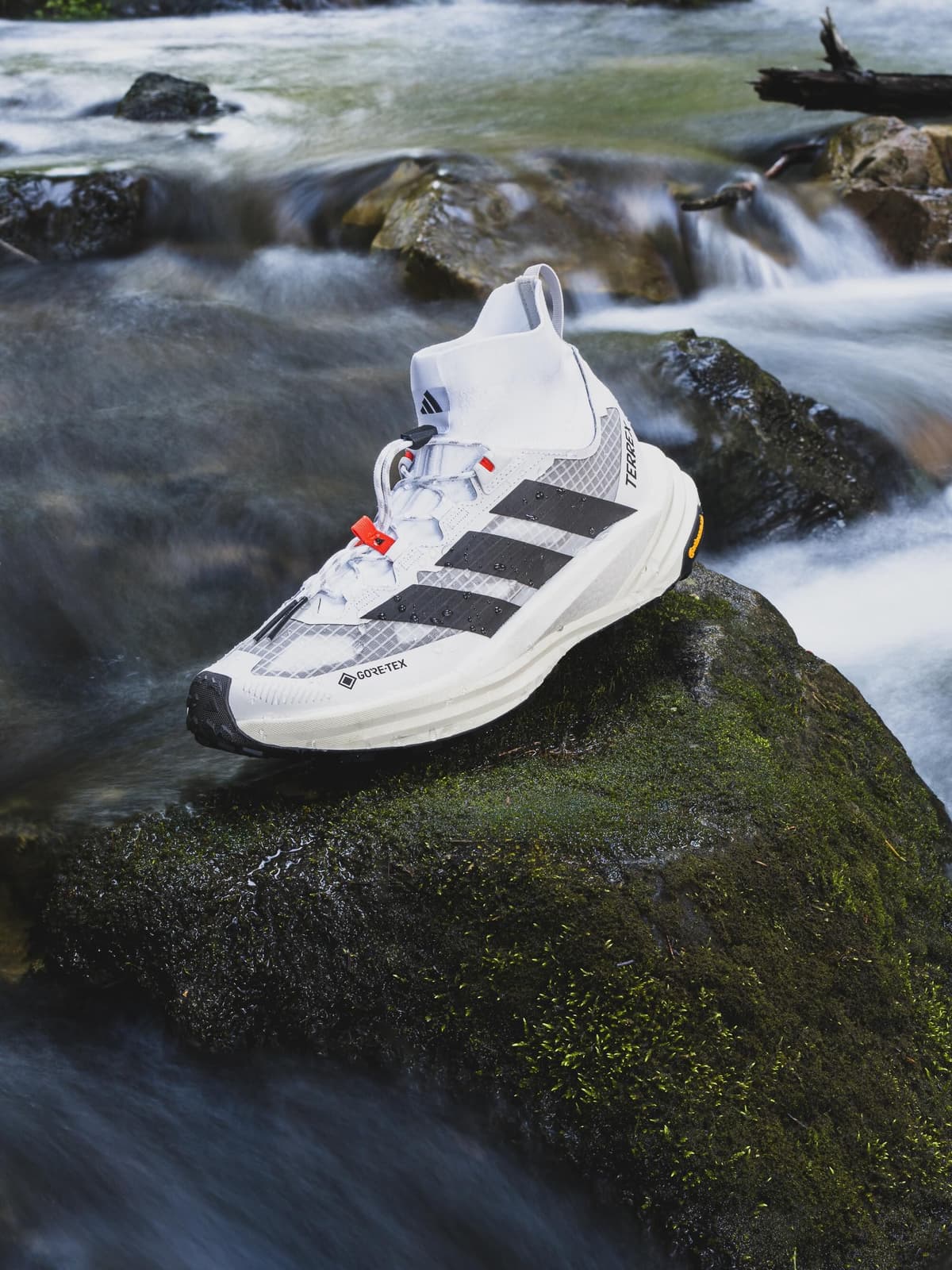 White Adidas Terrex GORE-TEX trail shoe with black stripes on a mossy rock in a blurred stream.