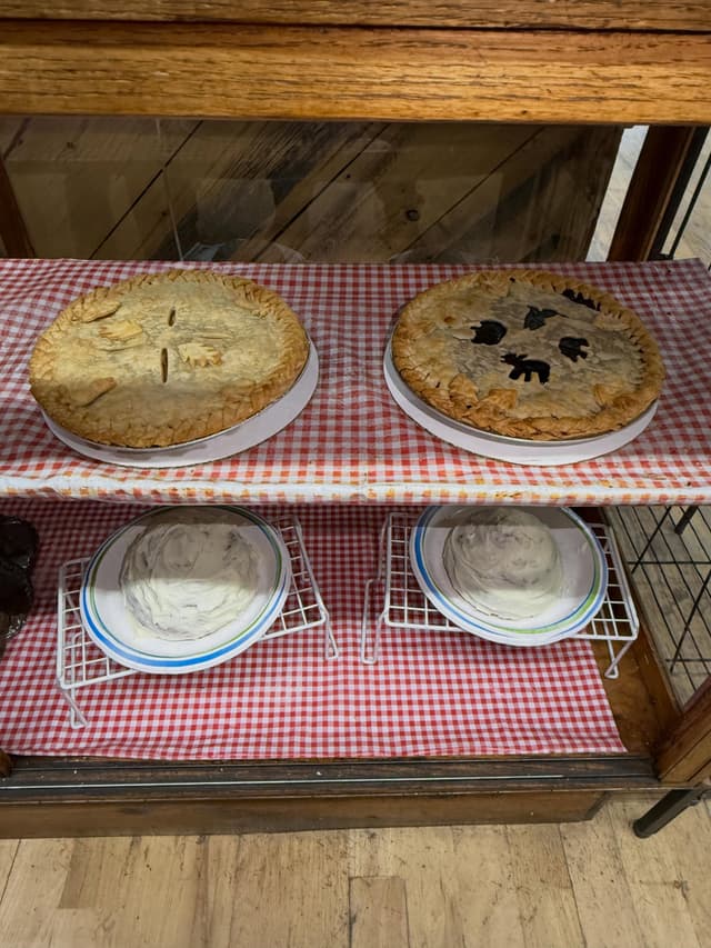 Two pies on a red checkered tablecloth; one has a plain crust, the other has animal-shaped cutouts.