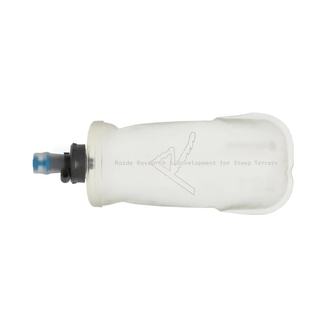A translucent soft water bottle with a grey cap and blue nozzle, featuring the Raide Research logo and text.