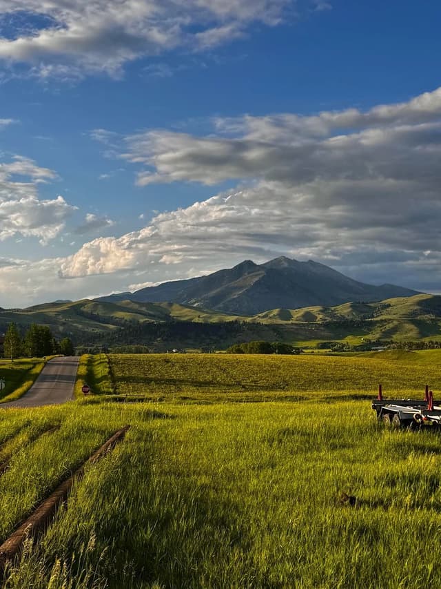 A rural road curves through a vibrant green field towards distant mountains under a partly cloudy blue sky.