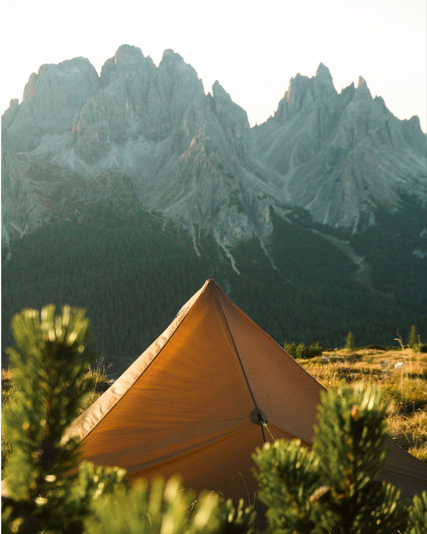 An orange tent pitched in a mountain meadow with jagged grey peaks in the background.