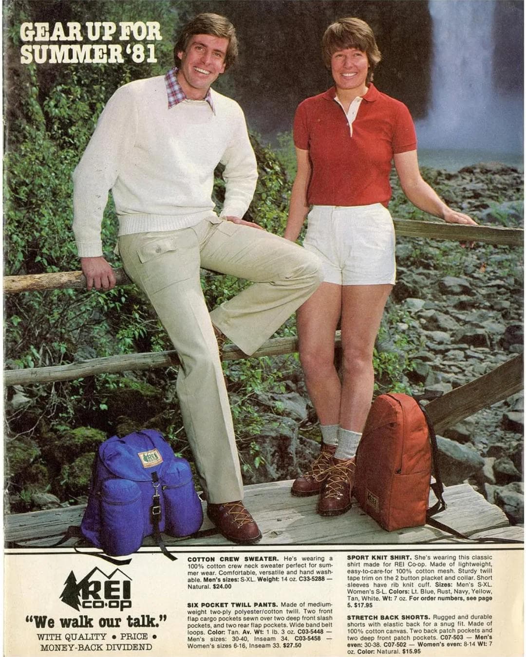 An REI Co-op ad from 1981 shows a man in a white sweater and tan pants, and a woman in a red polo and white shorts, posing with backpacks on a wooden platform in front of a waterfall.