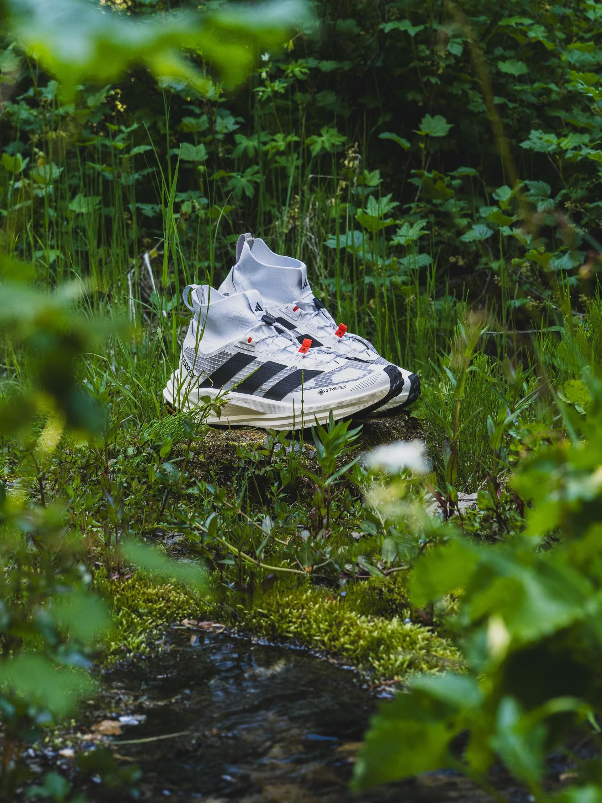 A pair of white and black Adidas Gore-Tex trail shoes sits on a mossy rock next to a small stream in a lush green forest.
