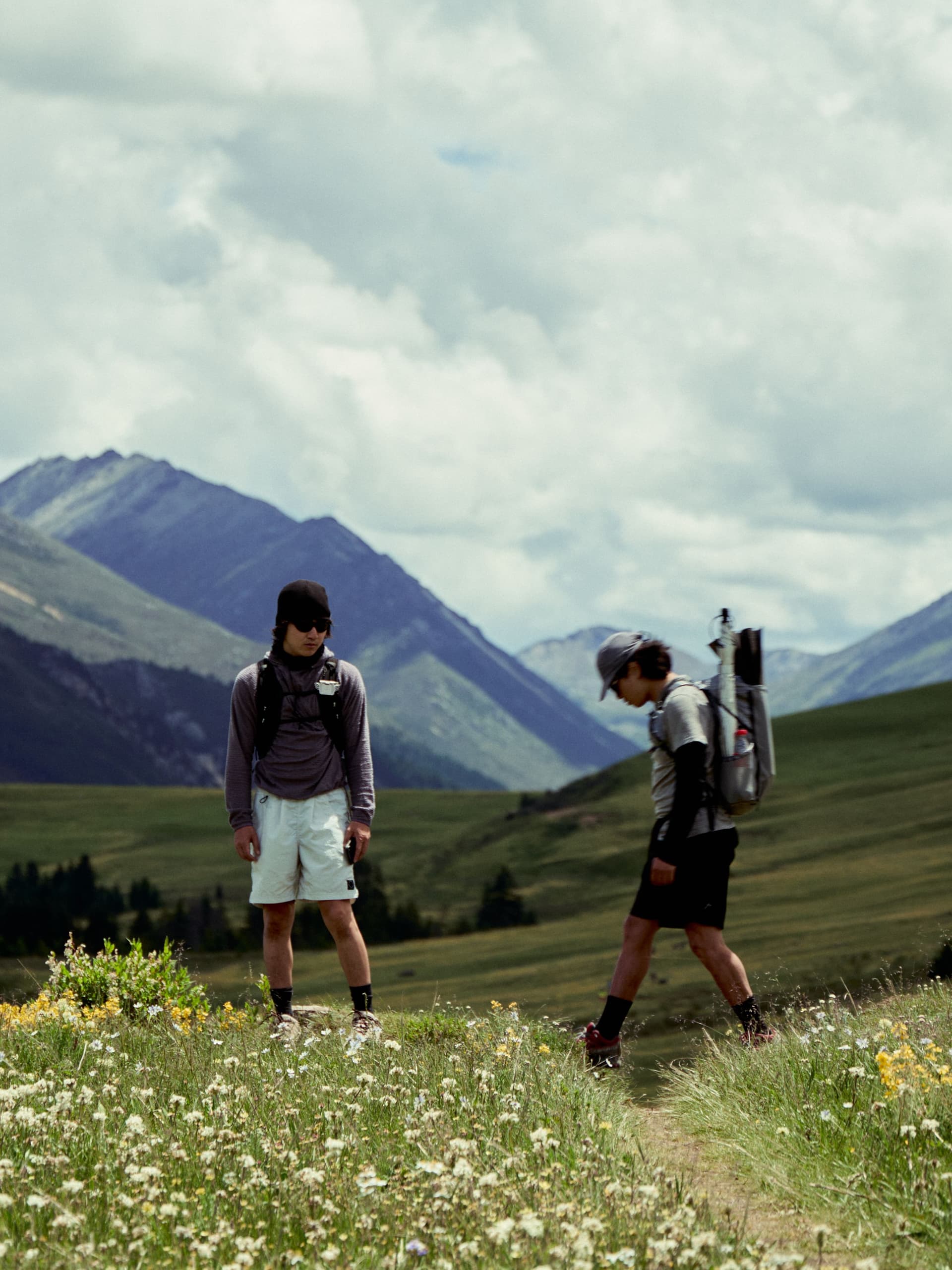 Two hikers on a flower-filled mountain trail under a cloudy sky.