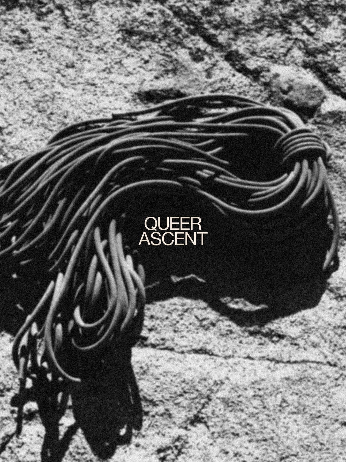 Black and white image of a coiled climbing rope on a rocky surface with the text "QUEER ASCENT."