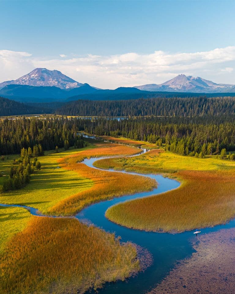 Aerial view of a winding river through golden marsh grasses and green fields, backed by a dense forest and distant snow-capped mountains under a blue sky. A paddleboard is on the water.